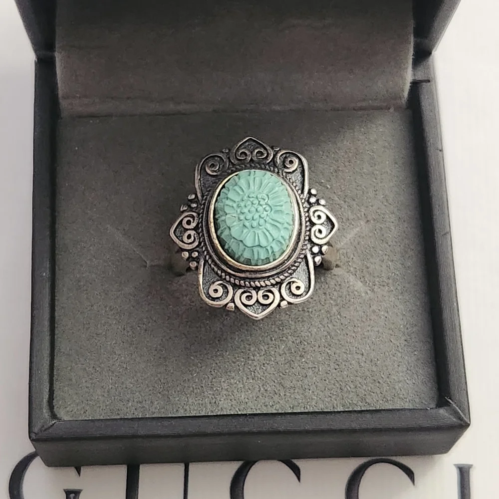 S925 Turquoise flower carved Ring adjustable size band With Antique Finish